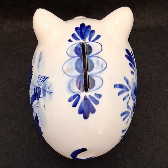 Vintage Hand Painted Delfts Blue Pottery Piggy Bank/Dutch Windmill Design/w+Cork - Picture 6 of 9